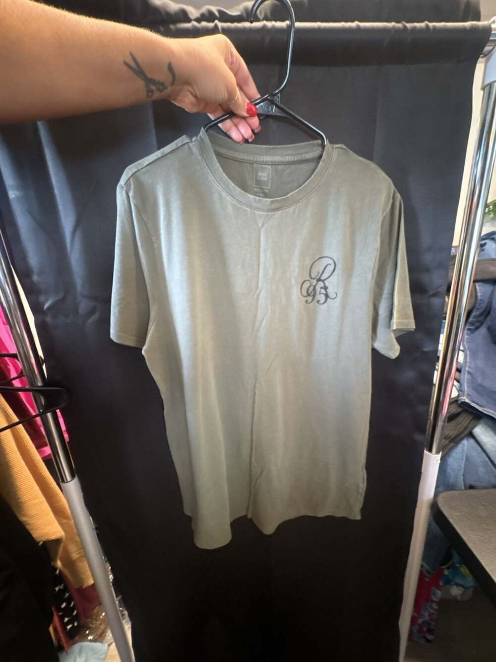 River Island Muscle Fit Olive Green Embroidered Logo Graphic T-Shirt